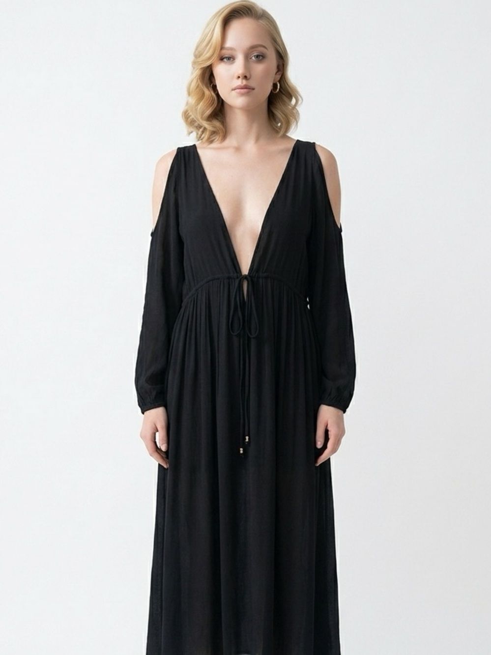 LUXXEL | Black Batwing Maxi Dress Drawstring Small